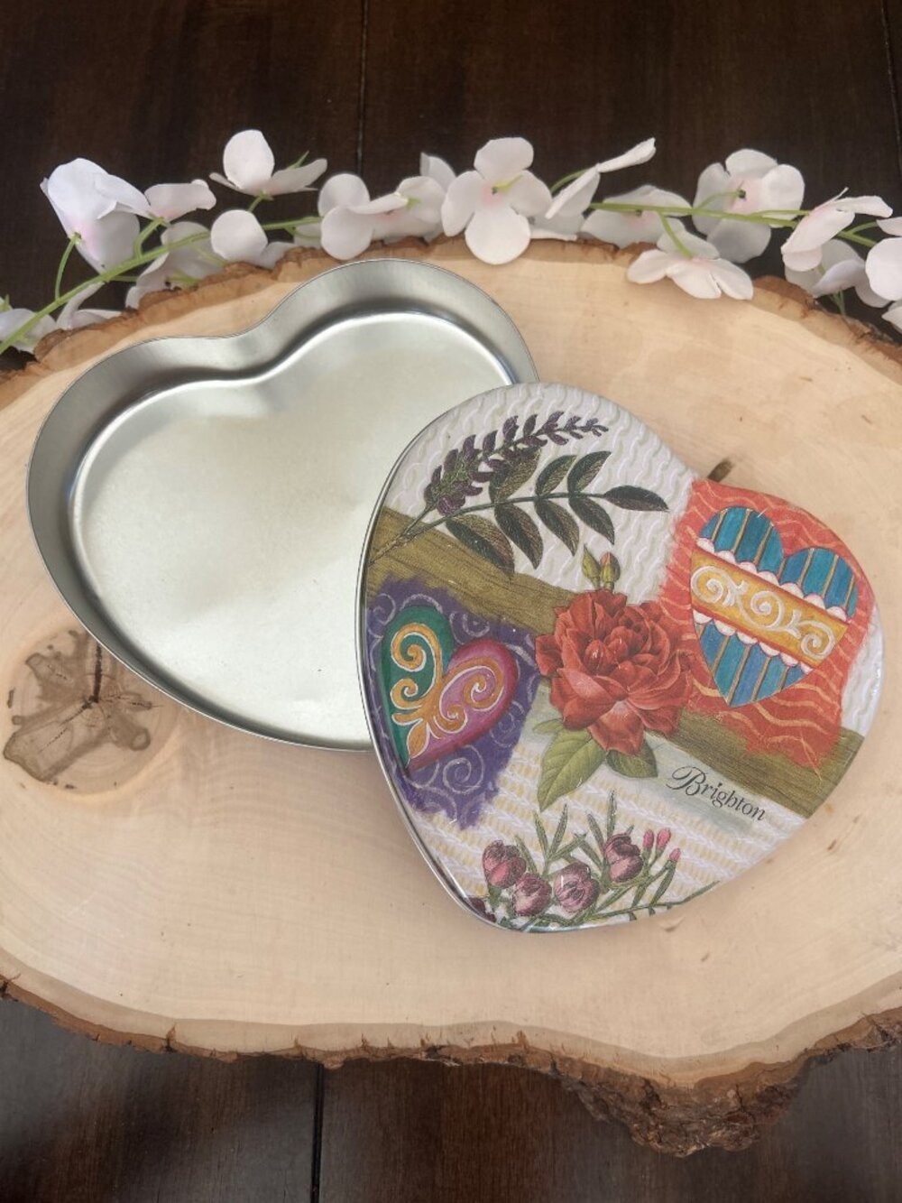 Brighton Heart-Shaped Tin Floral Heart Design Jewelry Keepsake Storage Box